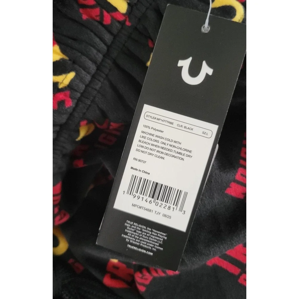 True Religion Men's Black Pajamas with Red and Yellow Logo Print Size L NWT